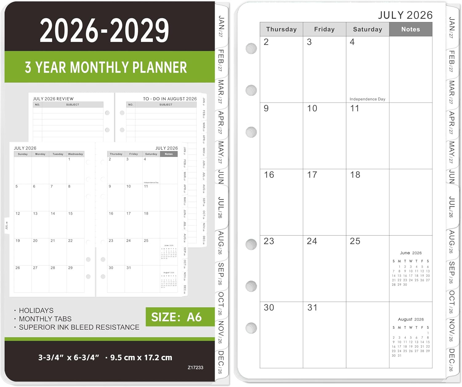 2026-2029 Monthly Planner Refill – A6 Size, Planner Inserts with 6-Hole Punched,