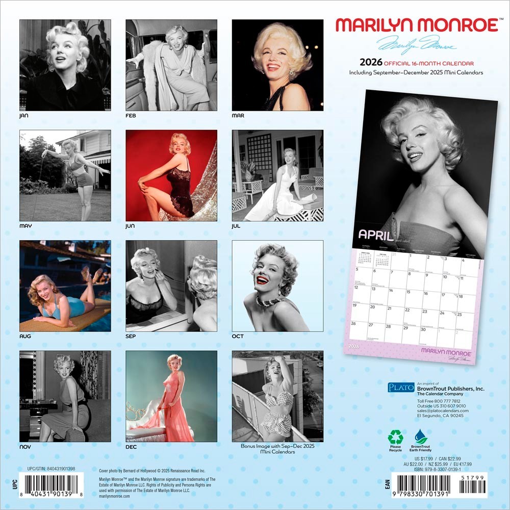 Marilyn Monroe OFFICIAL | 2026 12×24″ (Hanging) Monthly Square Wall Calendar