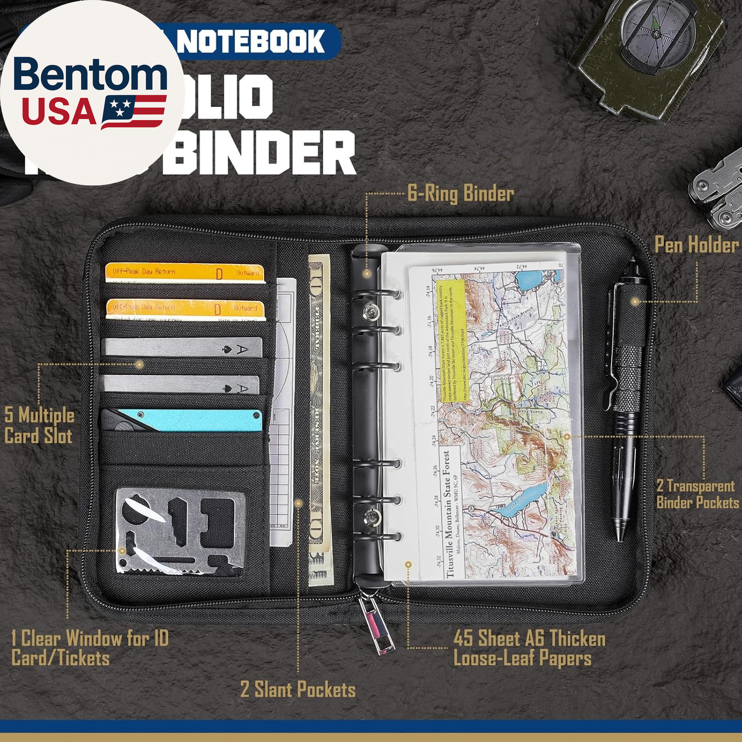 Tactical Notebook Padfolio Ring Binder – Refillable 6-Ring A6 Binder, Zip Hardco