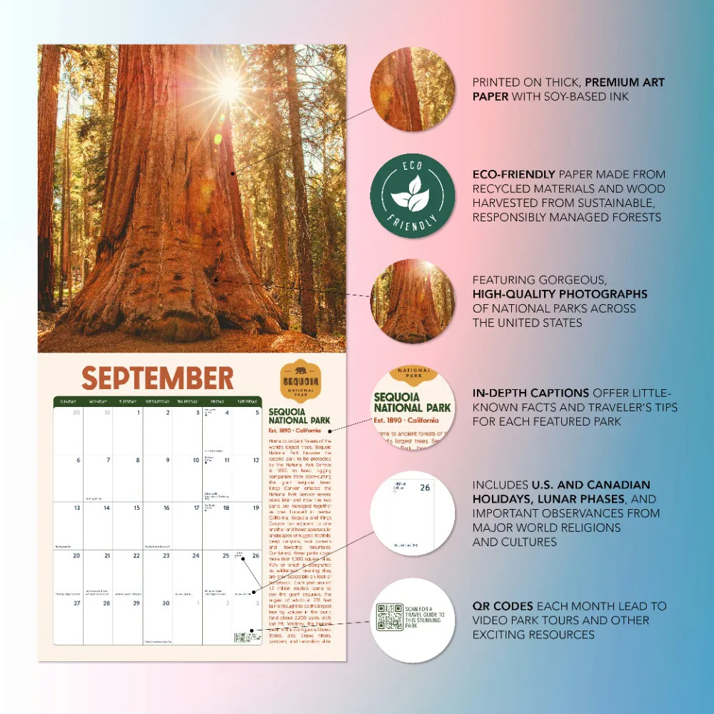 National Parks Calendar 2026 | 12″ x 24″ 12 Month Calendar | Marble City Press