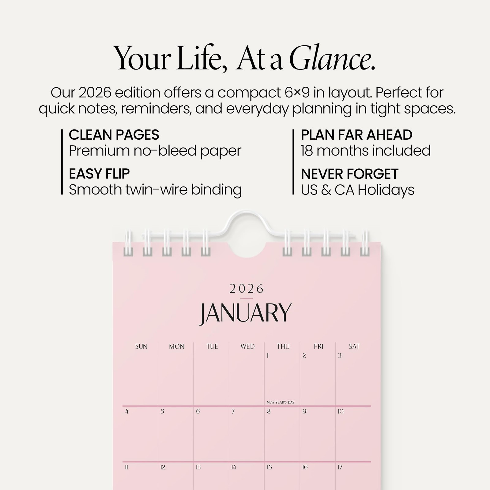 Karto Small Wall Calendar 2026 – Vertical 6×9 inch January 2026 Small, Pink