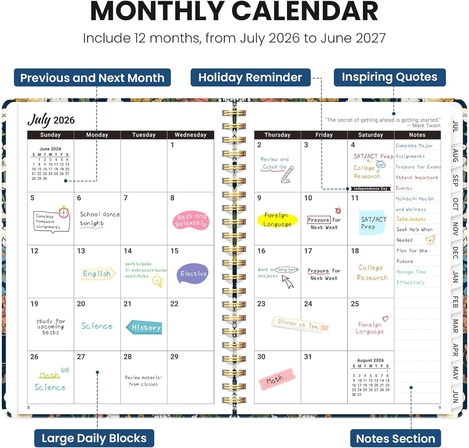 Planner 2026-2027, Hardcover Monthly and Weekly Academic Planner July 2026 – Jun