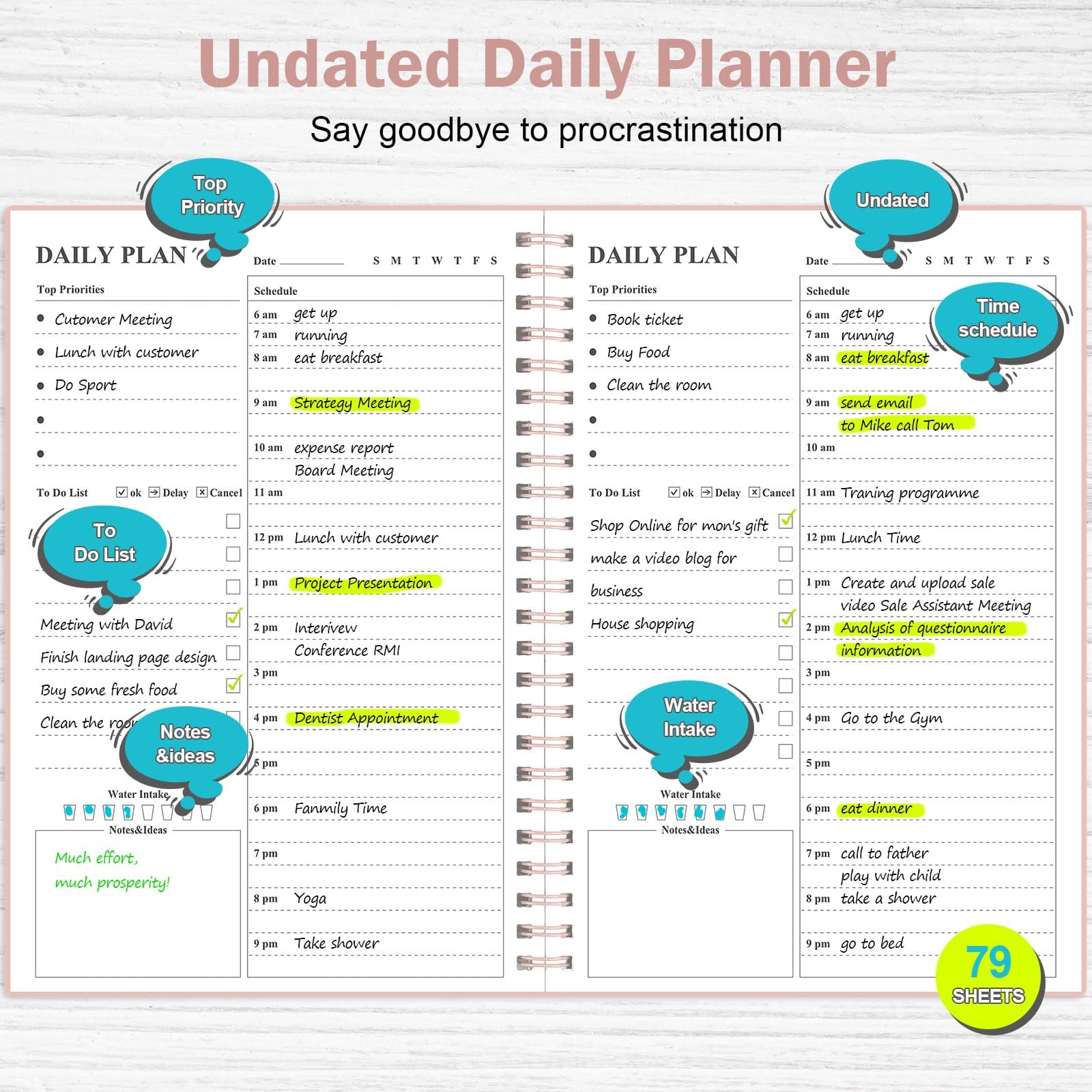 Asten Daily Undated Planner – To Do List Notebook With Hourly A5, Pale Pink
