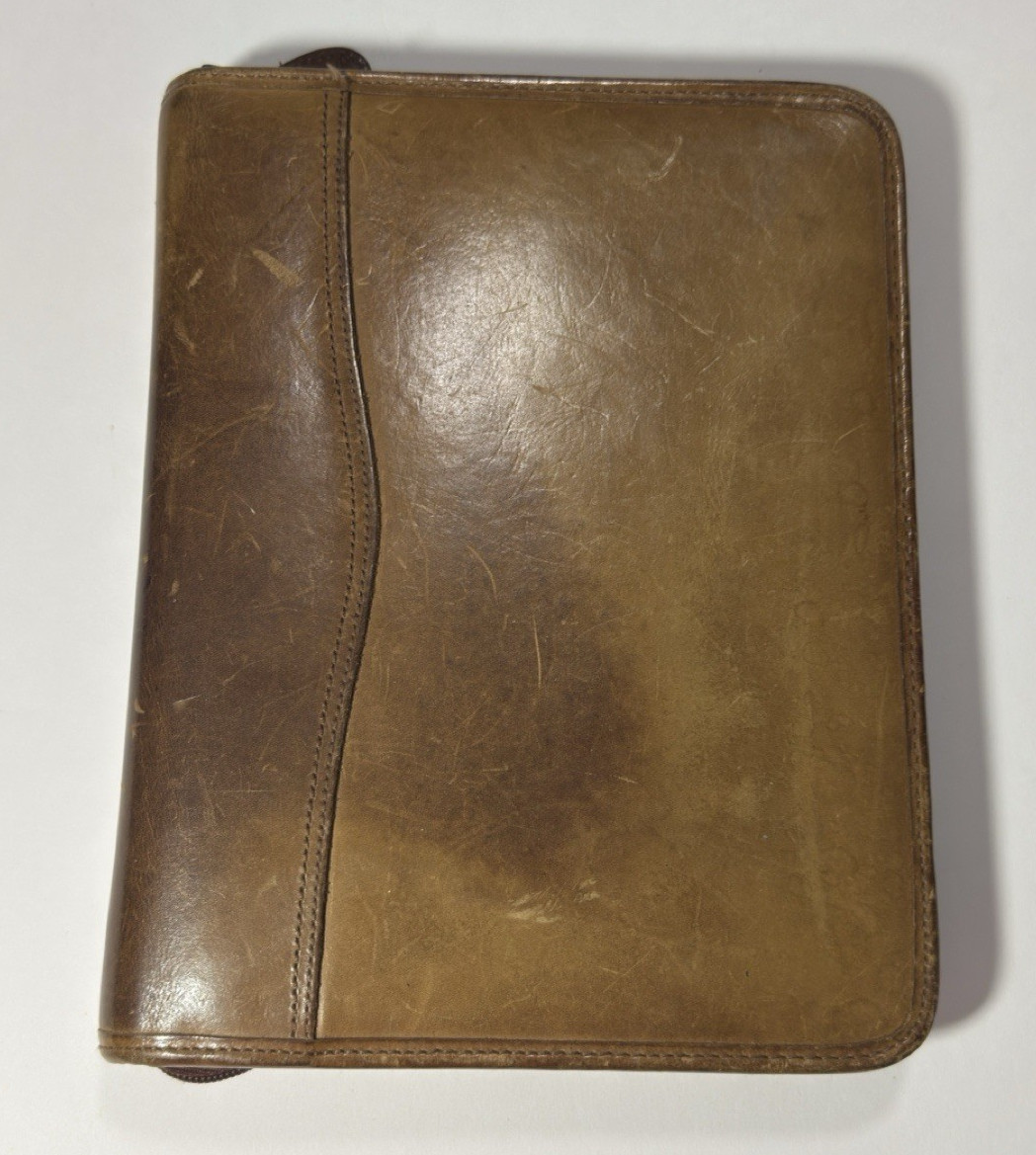 Day Timer Planner Organizer Vtg Brown Leather Folio 7 Ring Binder Notebook