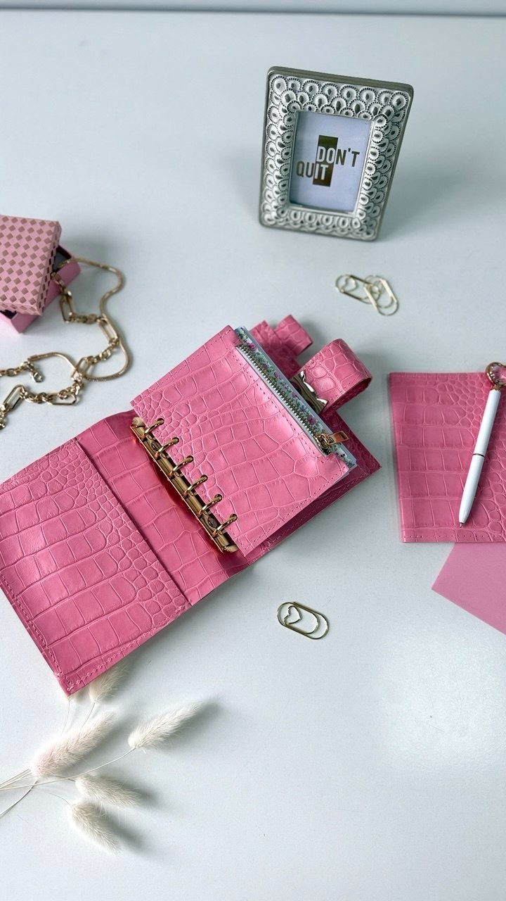 Owl Leather Mini Planner Set – Pocket Size A7 binder 6 rings– pink Croc Embossed