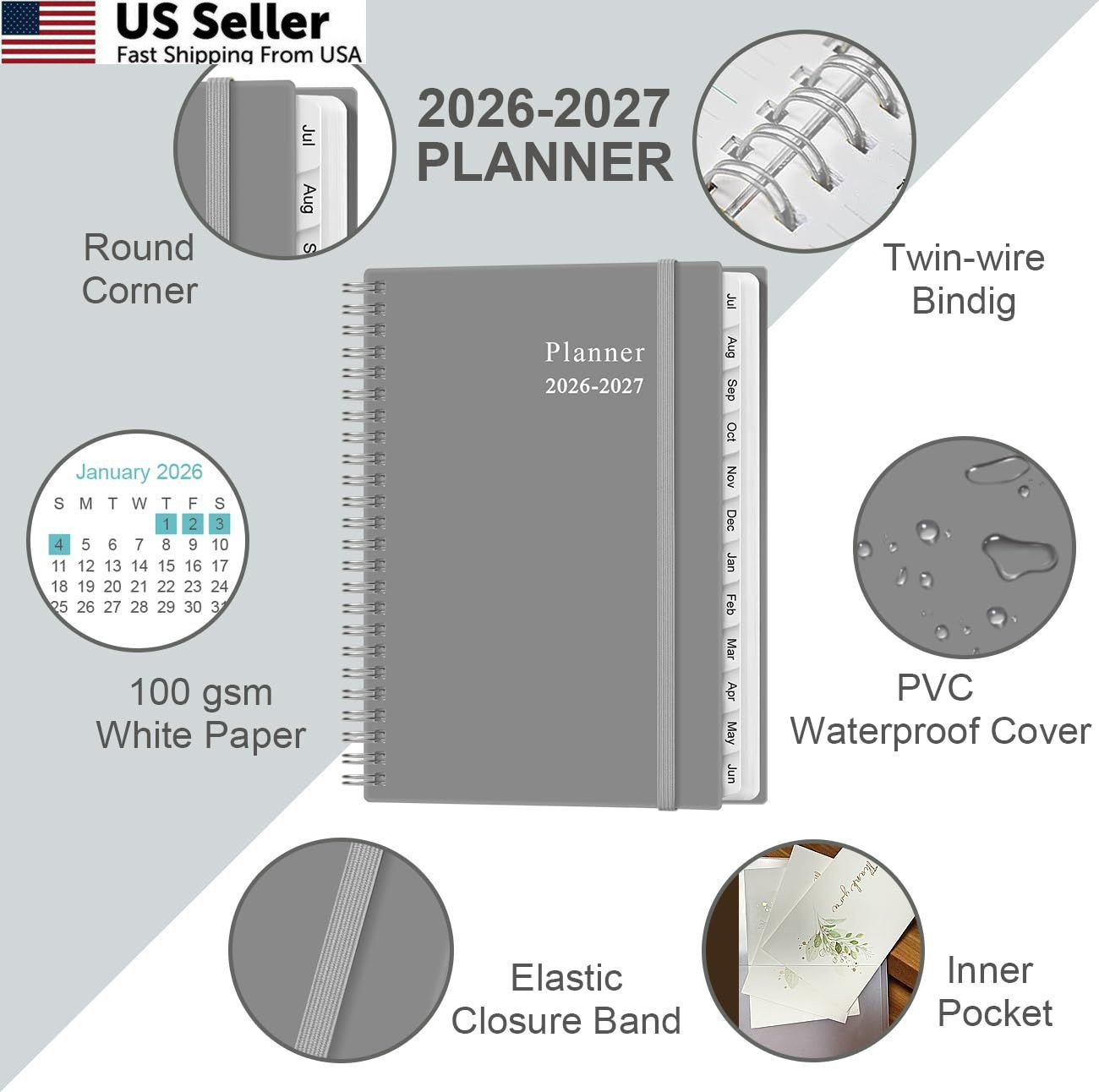 2026-2027 Planner – from July 2026 – 6.4″ x 8.5″, Grey-E