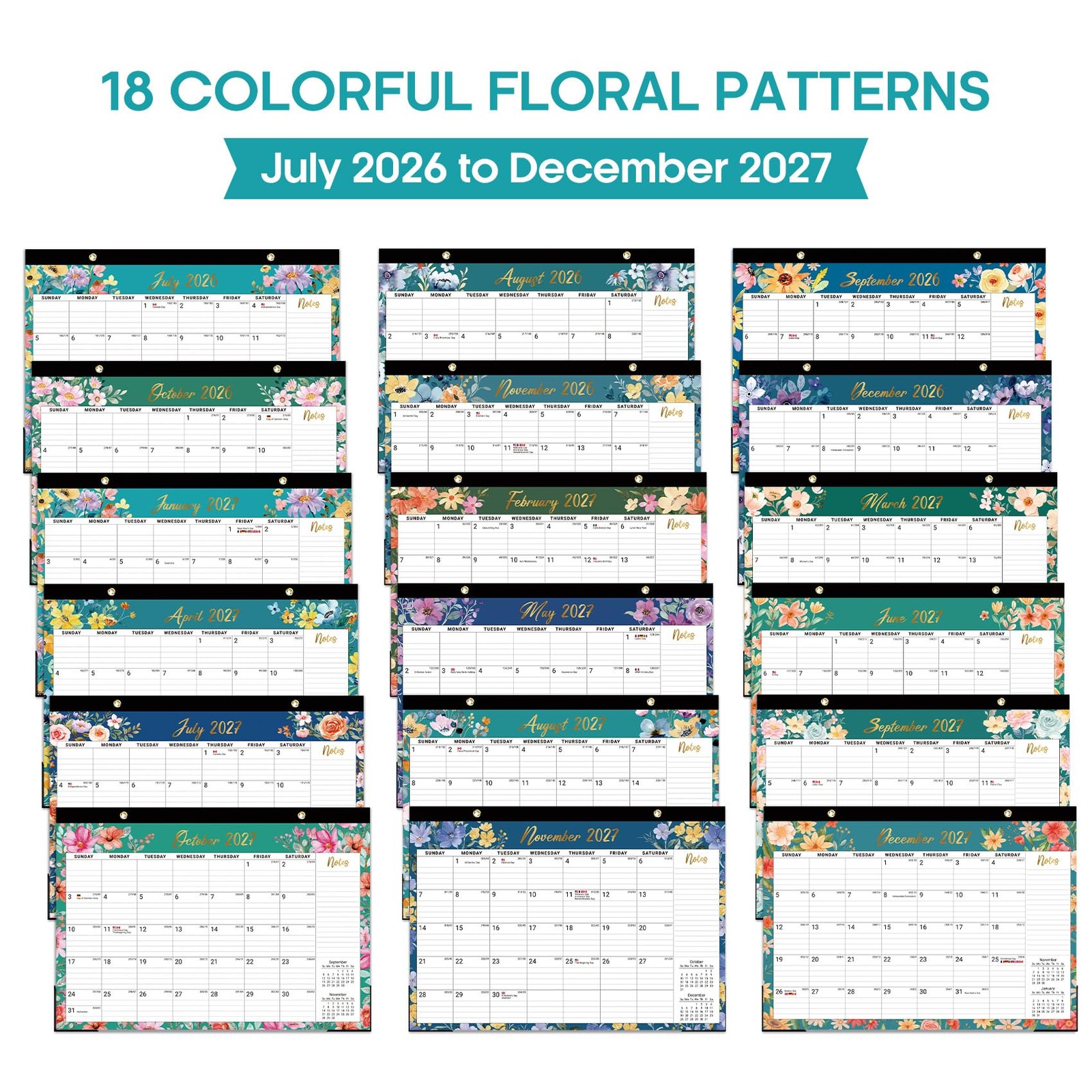 Desk Calendar 2026-2027, 18-Month Runs Jul 2026 – Dec 2027, a-Floral