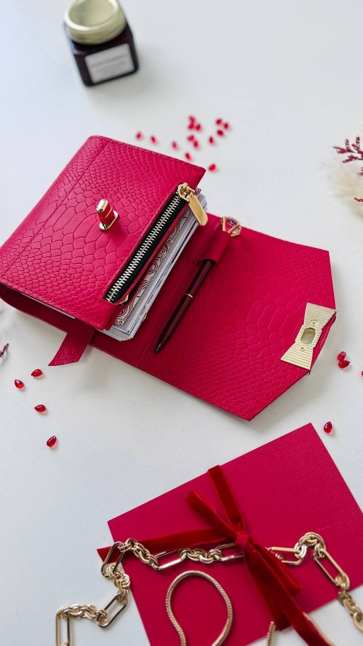 Red leather notebook cover A7 mini wallet. Lined day with time planner gift.