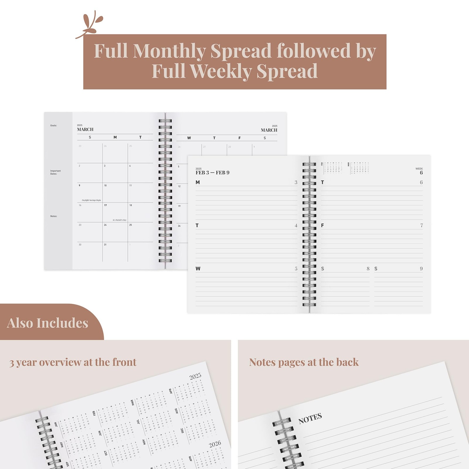 Rileys 2025 Weekly Planner – Typographic Annual & Monthly 6 x 8-Inches, Black