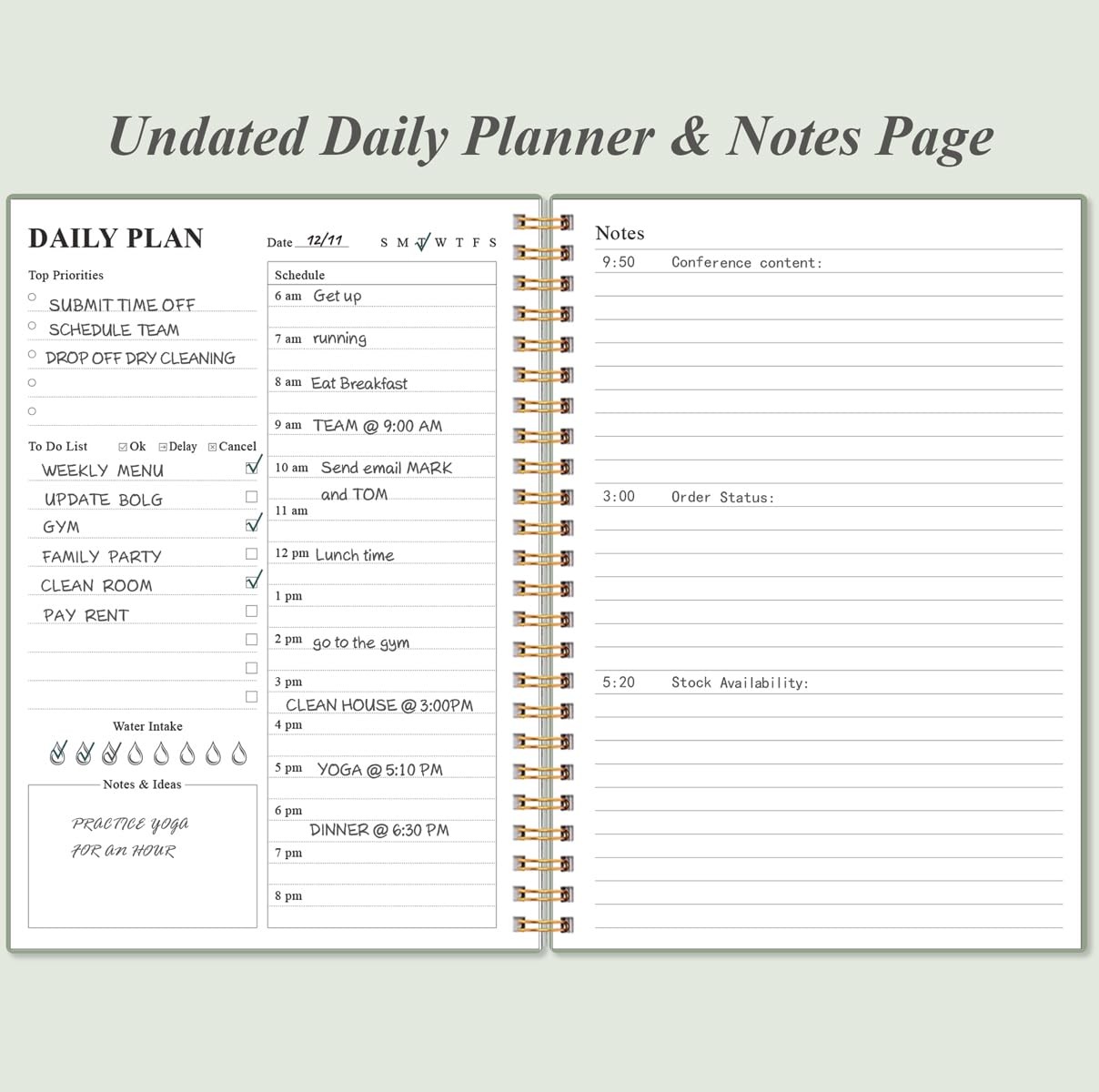 Daily Planner Undated – A5 To Do List Notebook Hourly 5.8″ x 8.5″, Green