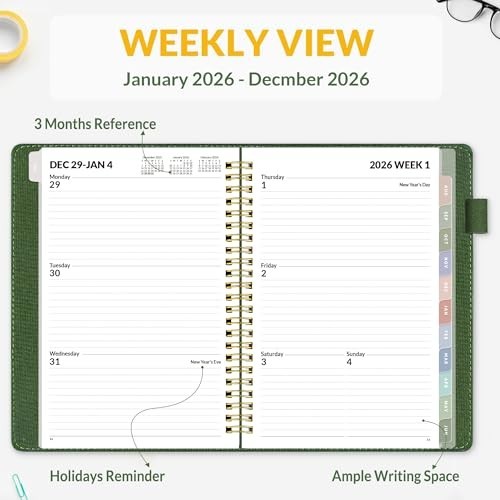 2026 Weekly & Monthly Planner 6.4″x8.5″ – Vegan Leather, Pocket, Bookmark, Deep