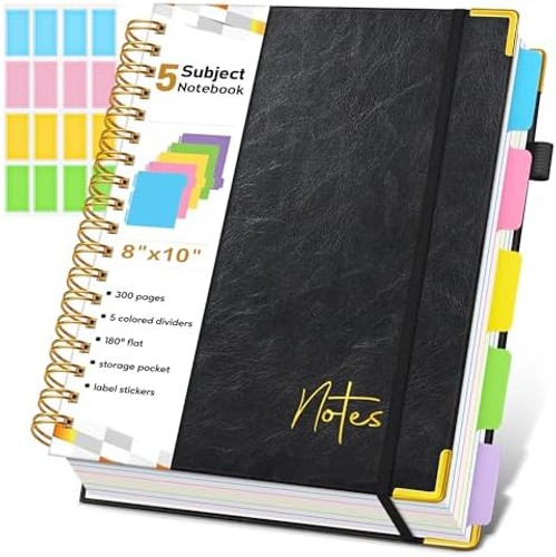Spiral Notebook Journal with Removable Dividers Tabs, 300 Pages Hardcover Lea…