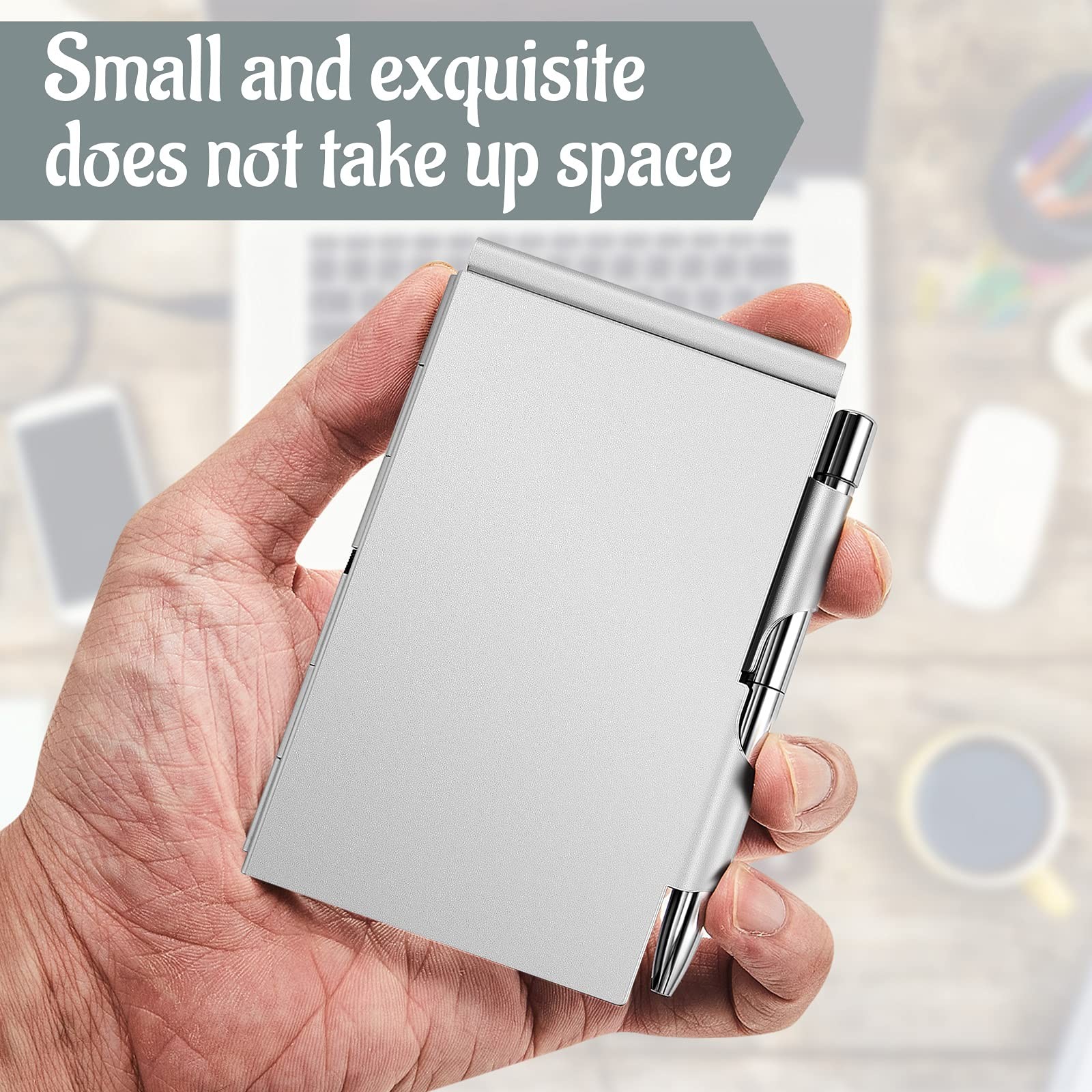 2 Pieces Metal Pocket Notebook with Pen and Refillable Paper, Black, Silver