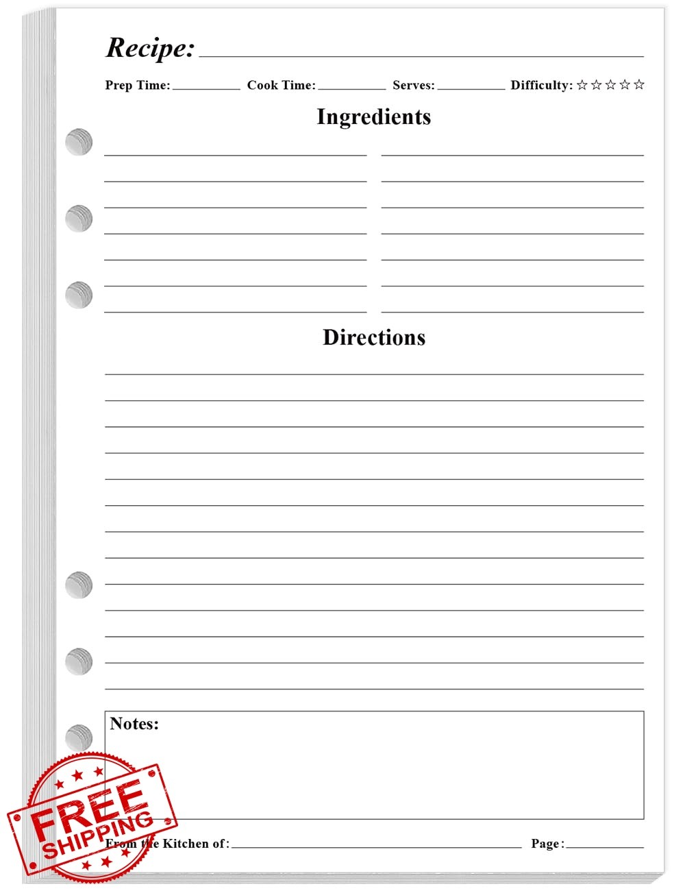 Yaridar A5 6-Hole Recipe Paper Refills 5.8×8.5