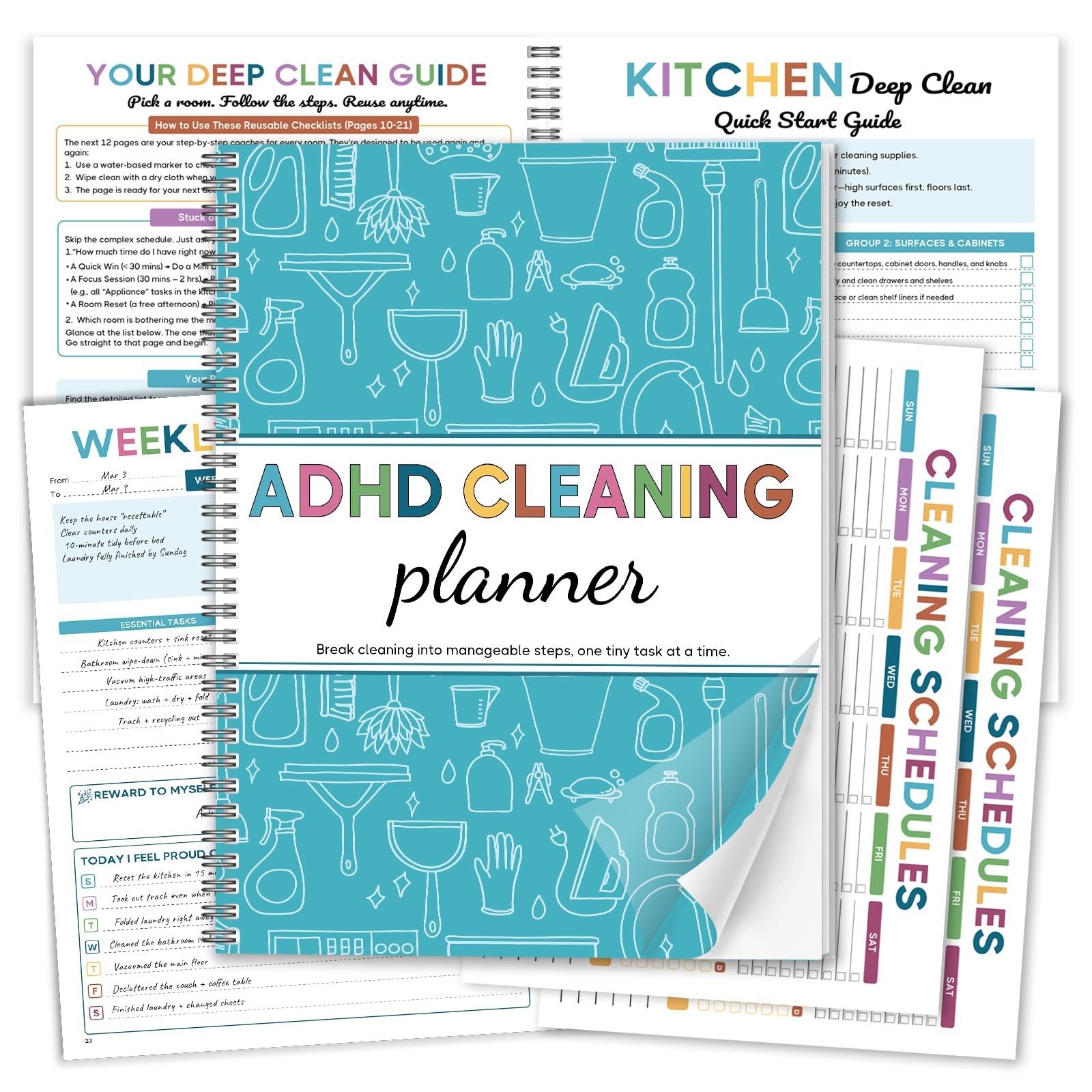Adhd Cleaning Planner, Blue Cleaning Schedule & Checklist For Adults | Reusable
