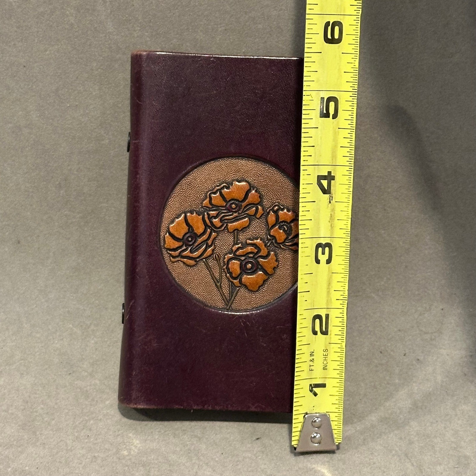 Vintage Tooled Leather Pocket Address Book Purple Poppy Floral Hand Crafted 5.5″