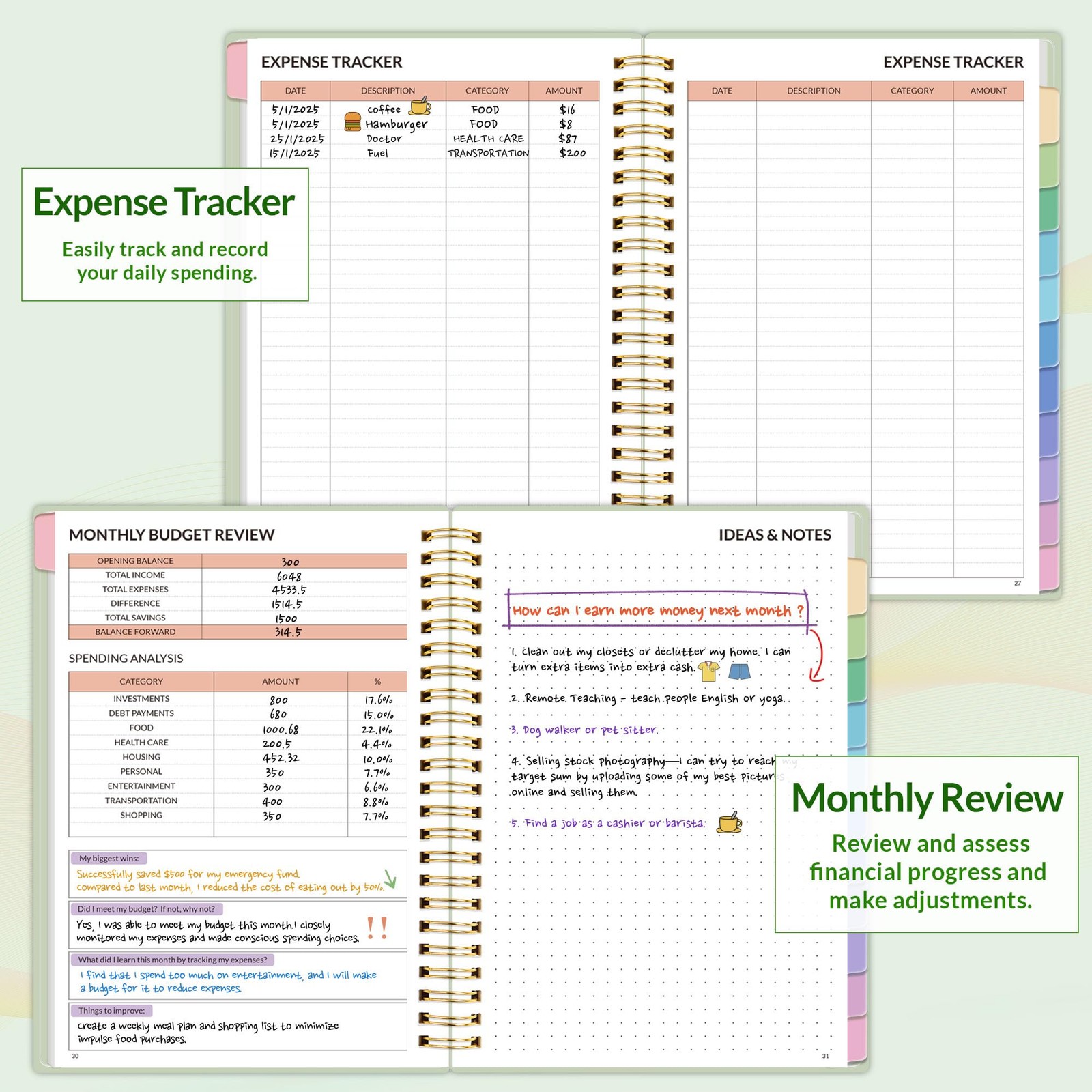 SUNEE Budget Planner – Monthly Book with 6.4″ x 8.3″, Sage Green