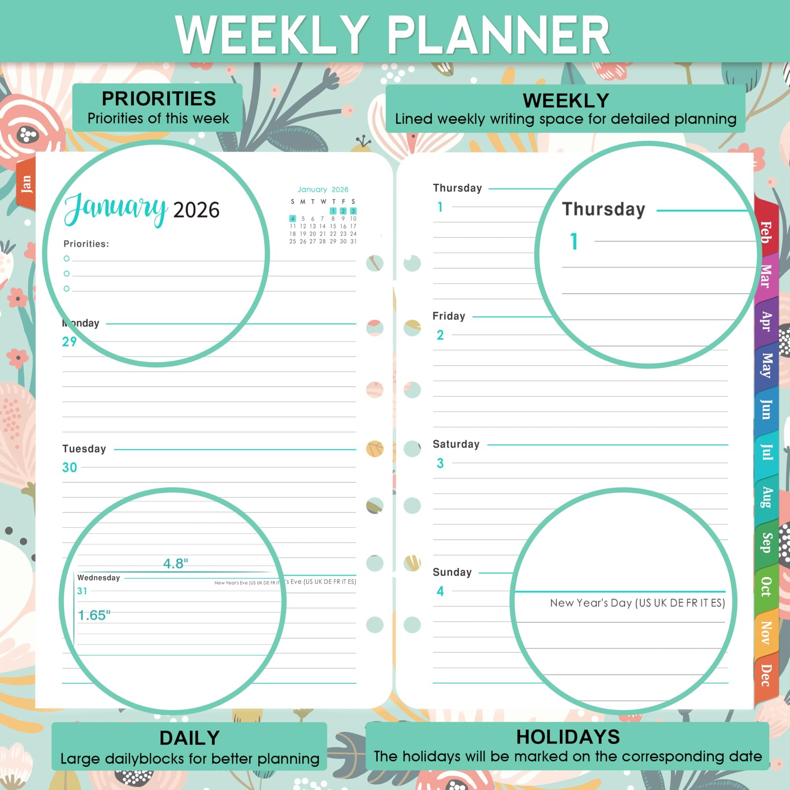 2026 Planner Refills – 7 Punched Holes 2026 Weekly Monthly A5, Green