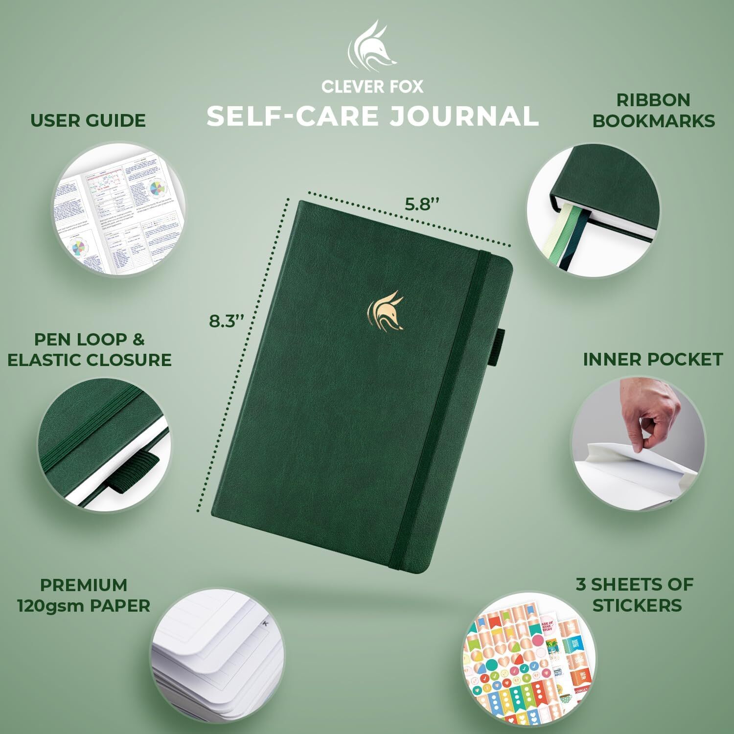 Clever Fox Self-Care Journal – Wellness & A5 (5.8” x 8.3”), Forest Green