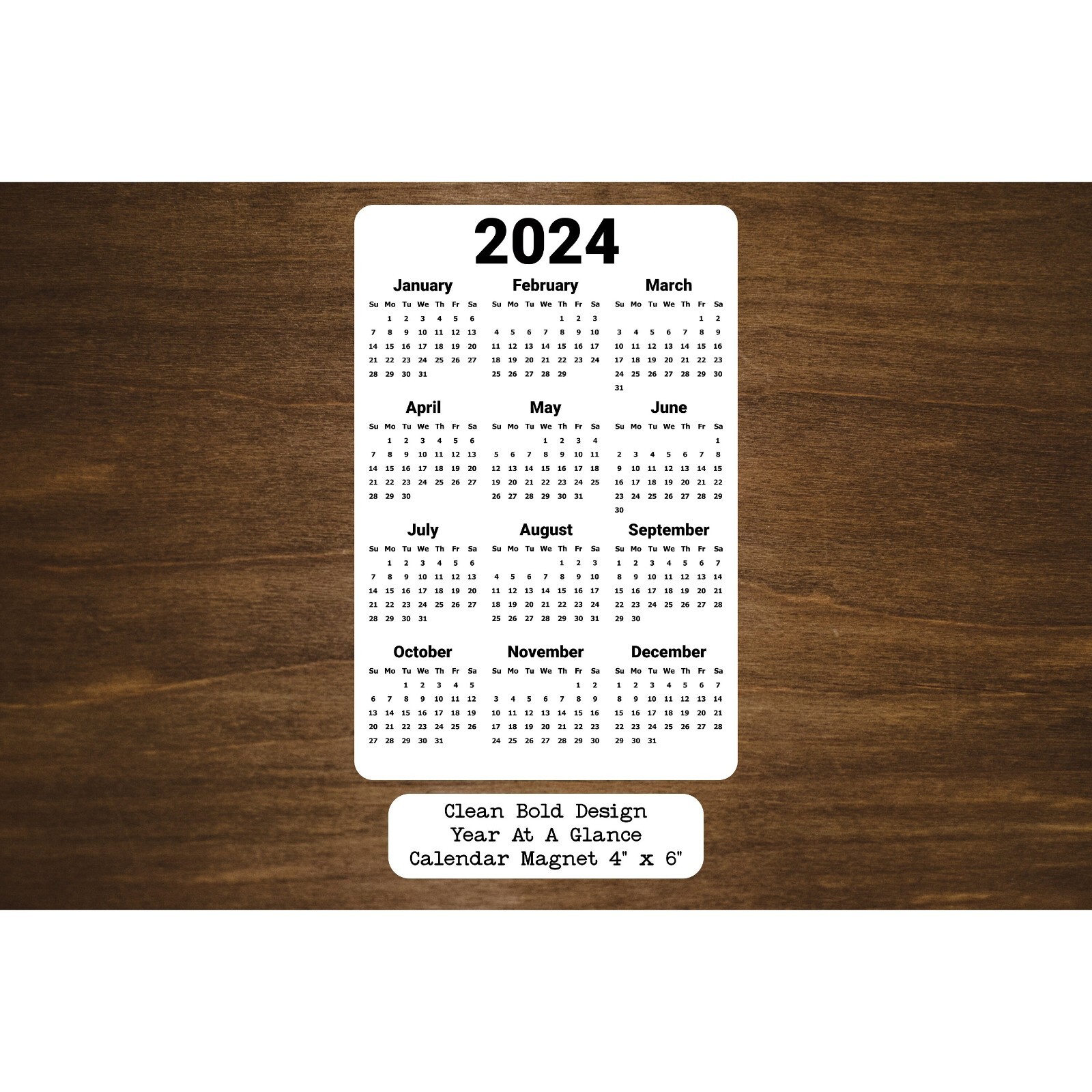Clean Bold Design Calendar Magnet 4″ x 6″ | Start On Any Month | Magnet Calendar