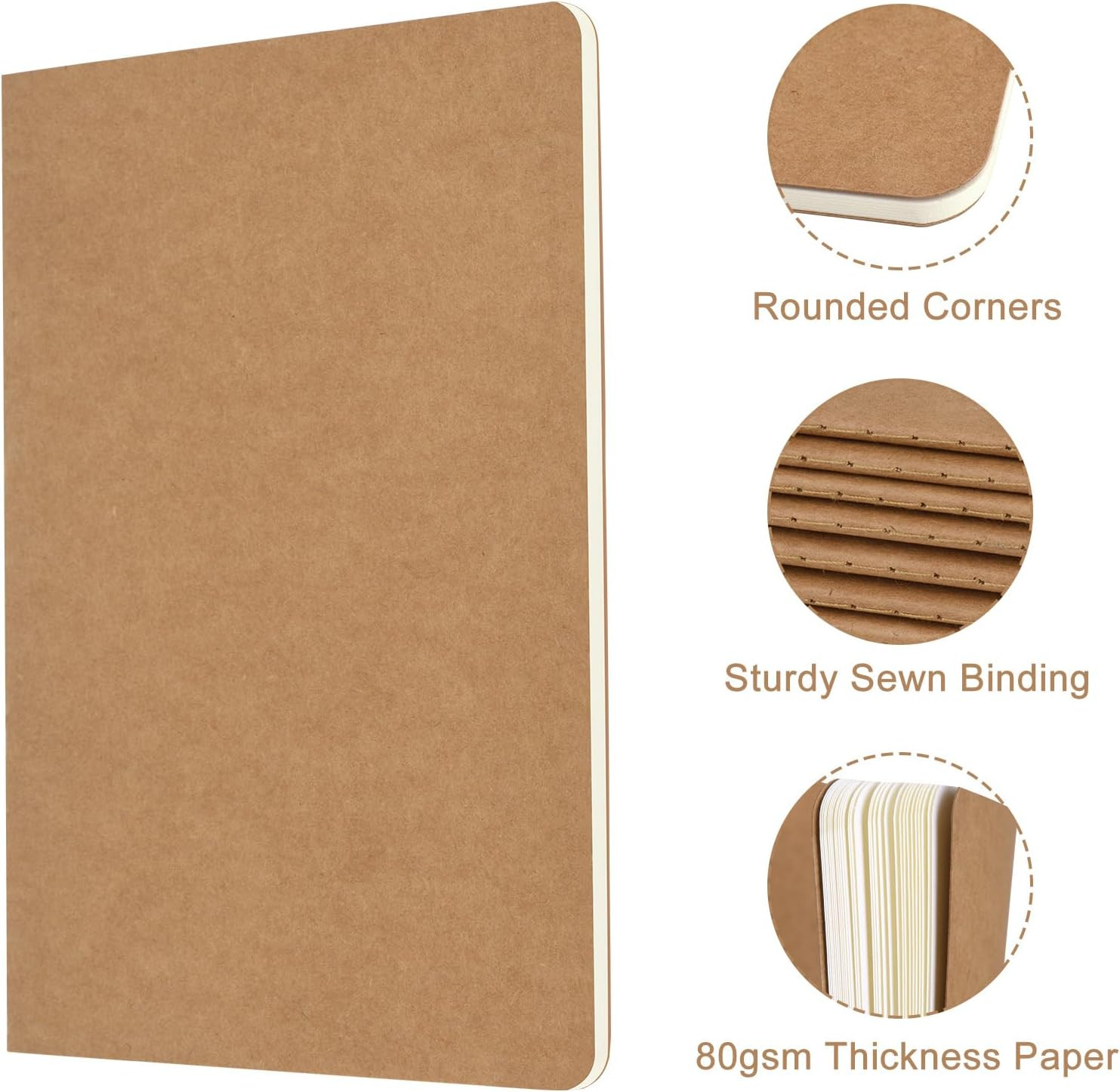 5 Pack A5 Kraft Notebooks Bulk, 8.15×5.5 Inches Lined Paper Journaling Notebooks