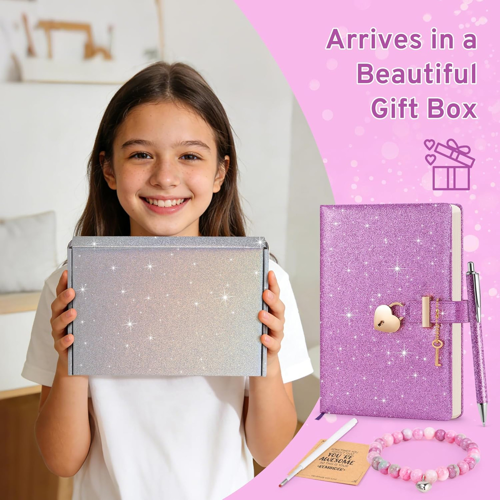 Purple Glitter Diary with Lock and Key, No-Shed Sparkle Secret Journal, A5