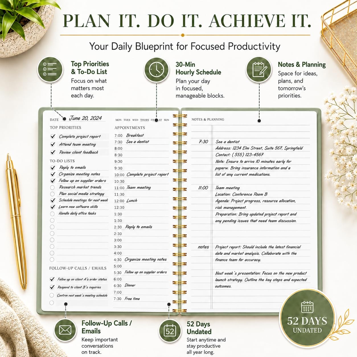 Daily Planner Undated – Simplified To Do List 5.5 x 8.5 inches, a.Green