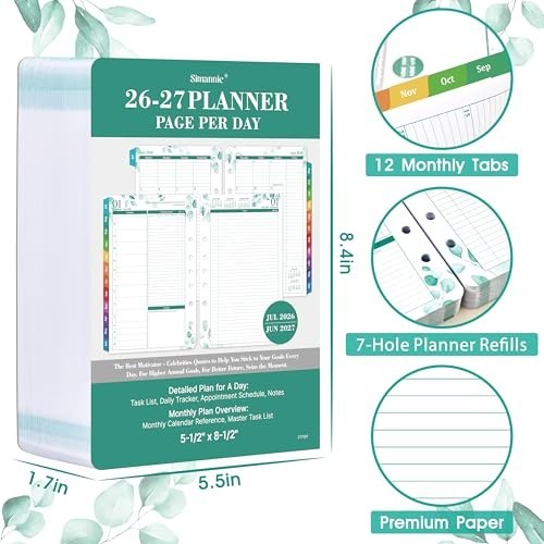 2026-2027 Daily Planner Refills – Two Pages Per Day, 5.5″ x 8.4″, Ring-Bound Org