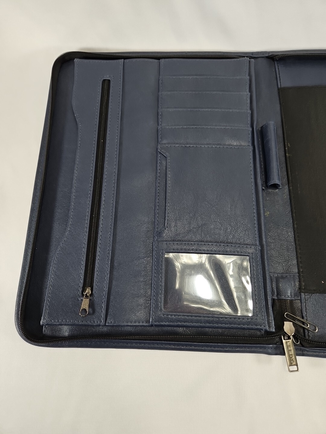 LEED’S Navy Blue Leather Organizer Folio Case Notepad Planner Folder Zips