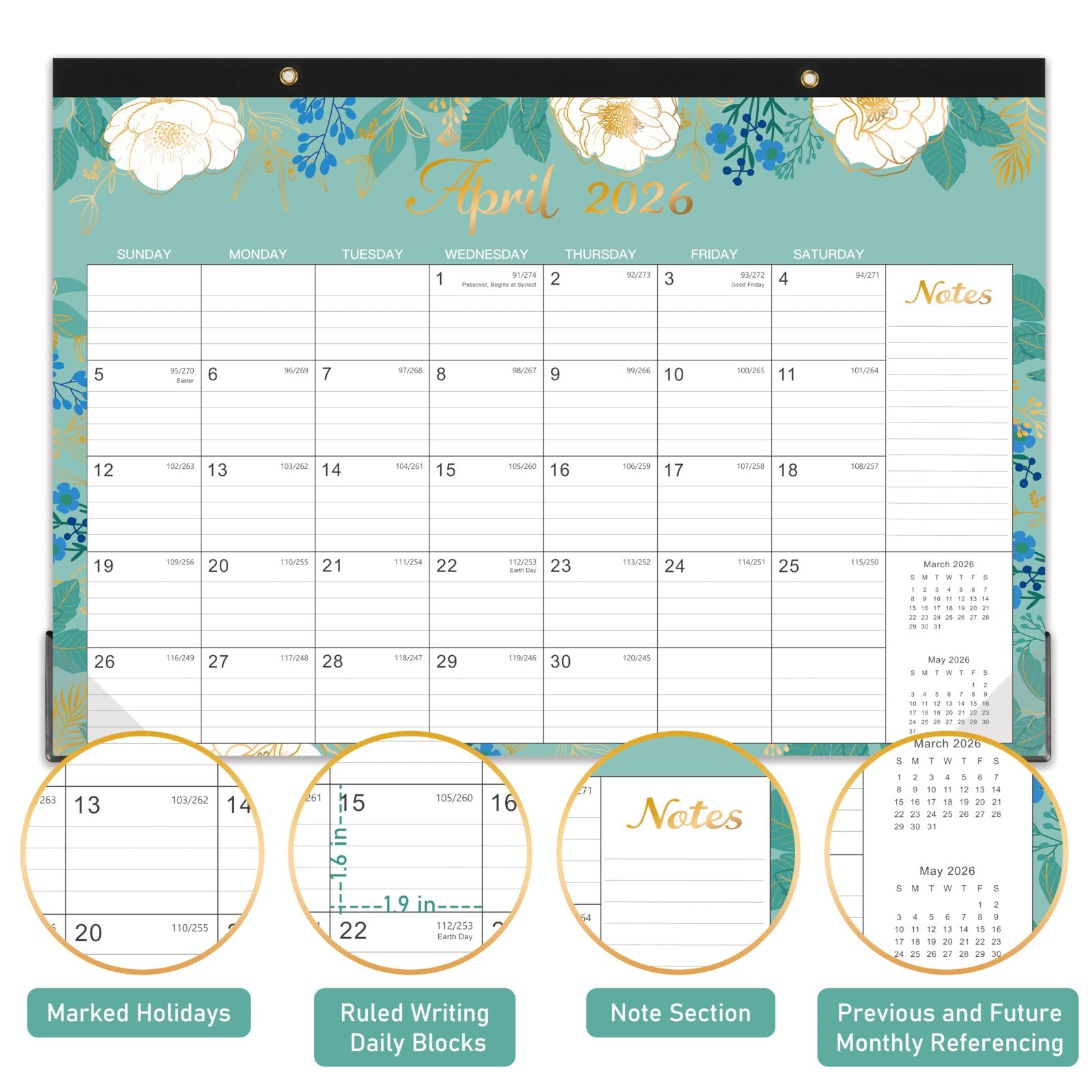 2026 Monthly Desk Calendar, 17×12 Office Planner, Big Ruled Squares, Blue