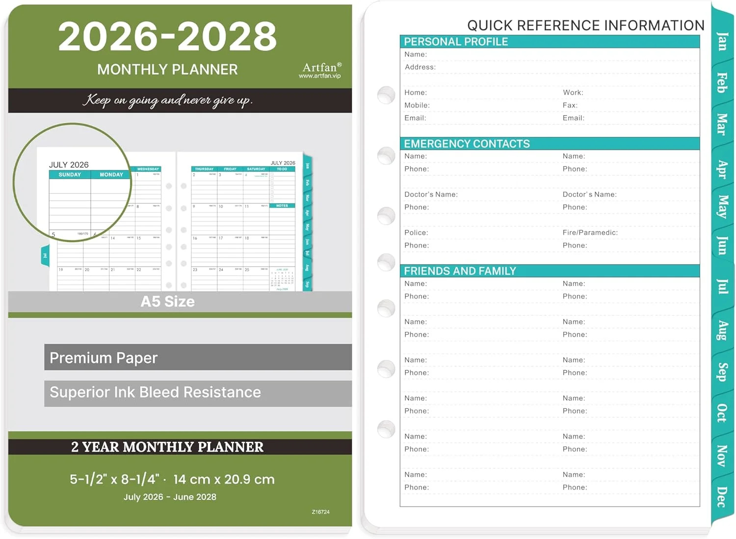 2026-2028 Monthly Planner Refill – Planner Inserts with 7-Hole Punched, 5-1/2″ X