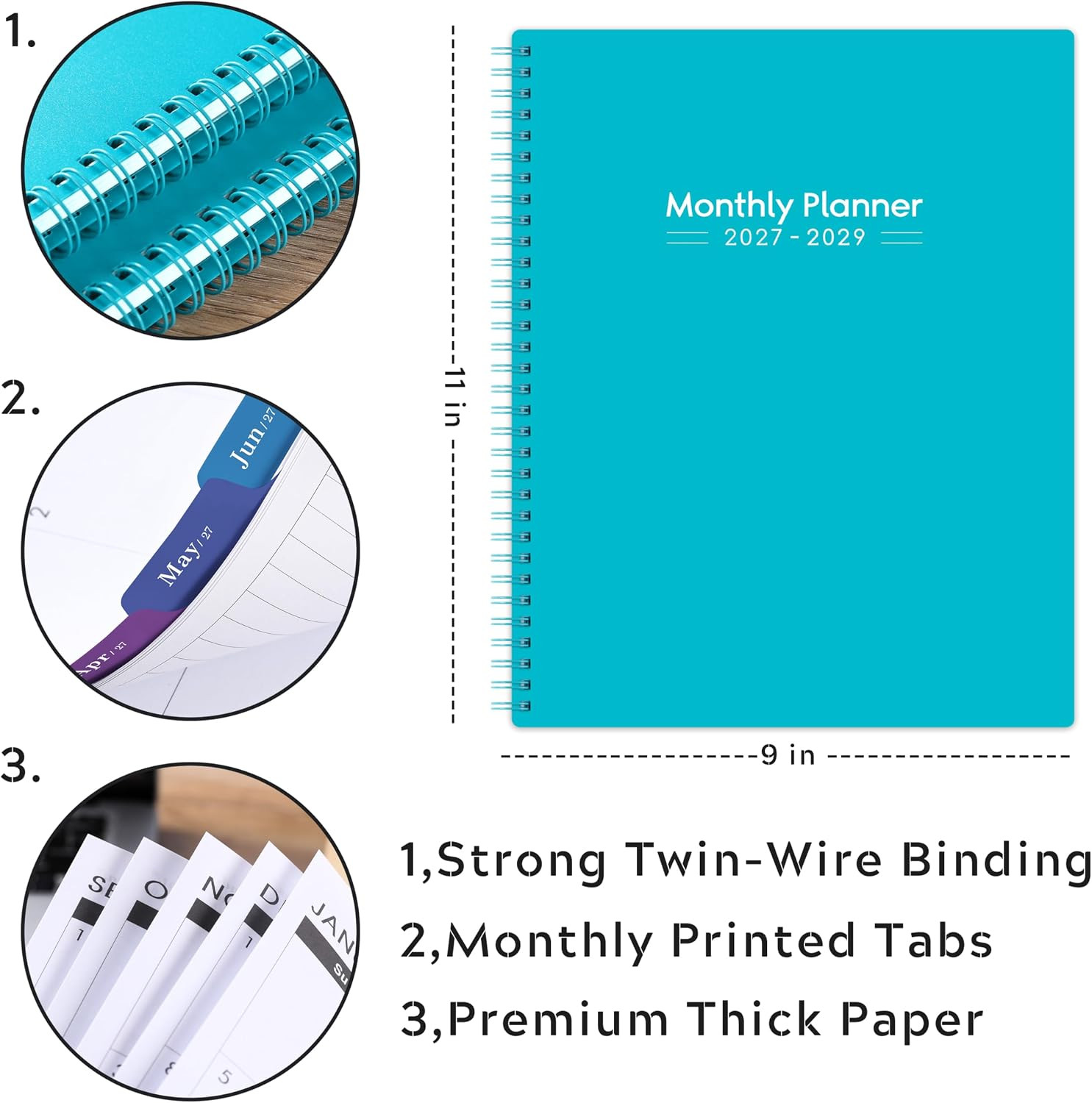 2027-2029 Monthly Planner – 3 Year Planner 2027-2029, Jan.2027 – Dec.2029, 9″ x