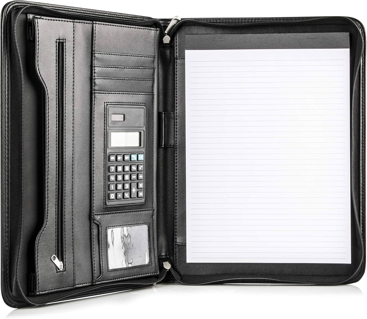 Black Vegan Leather Business Portfolio Padfolio with Zipper for 10 1 Tablet