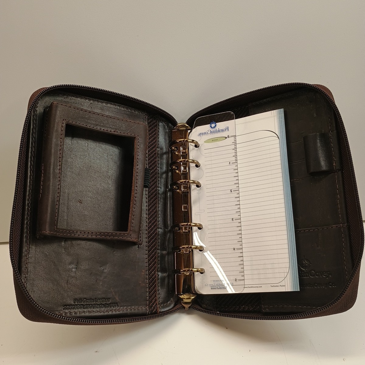 Franklin Covey Leather 6 Ring Organizer Notes Full Grain Brown Zip Around 1996