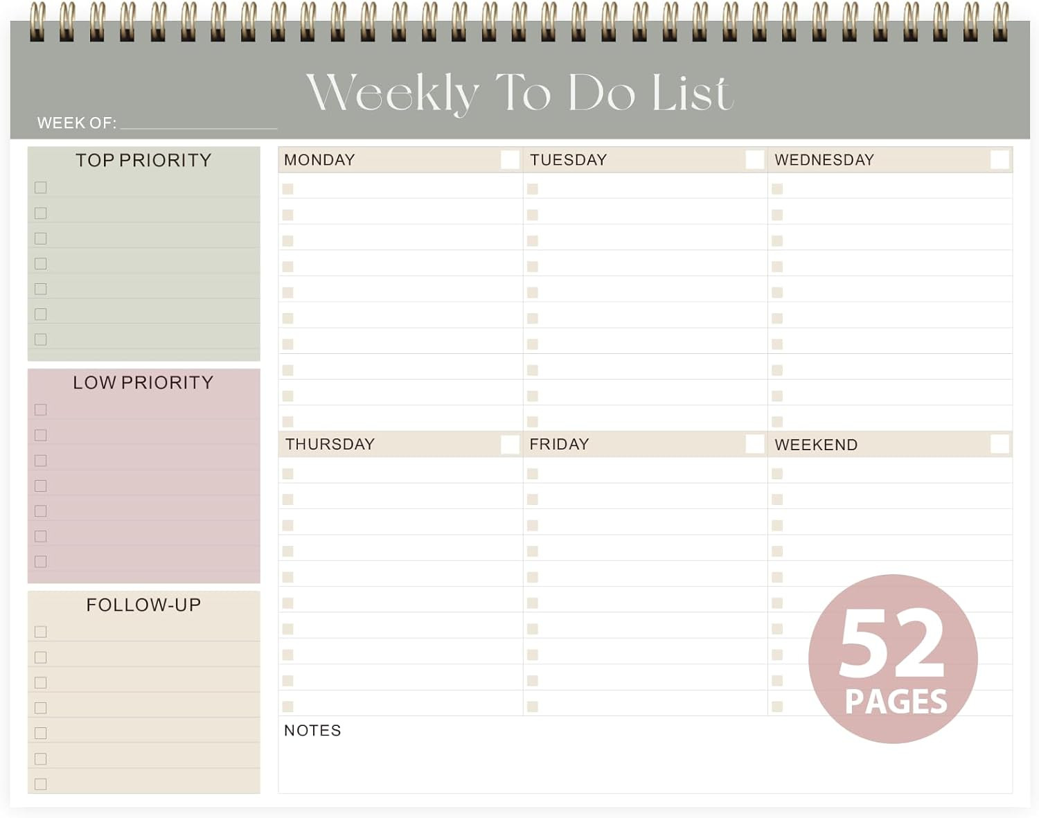 Weekly to Do List Notepad, Undated Planner with 52 Sheets (8.5”X11”), Desk Wee