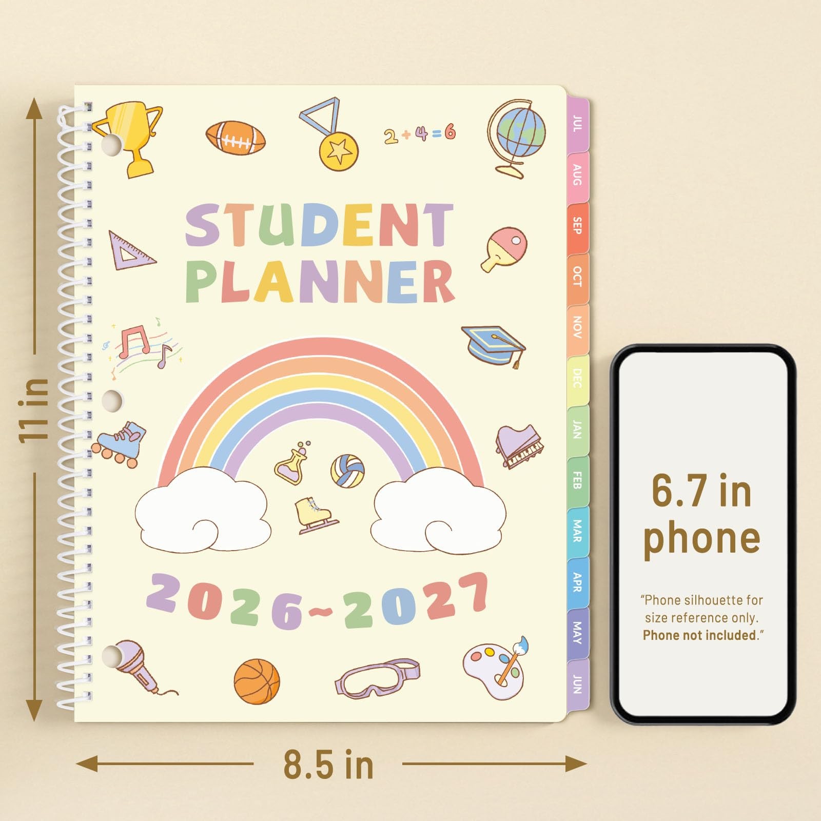 SUNEE Elementary Student Planner 2026-2027, A4 8.5″×11″, Beige Rainbow