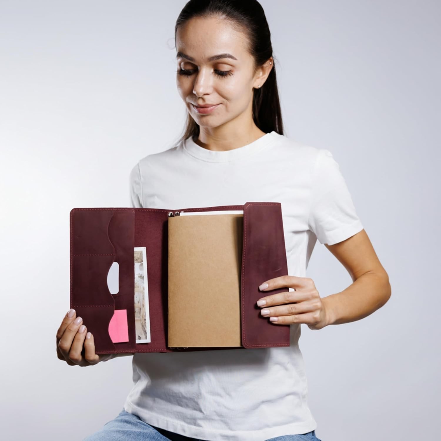 Leather A5 Notebook Cover Refillable Journal Case with Elastic Bands Pen Holder