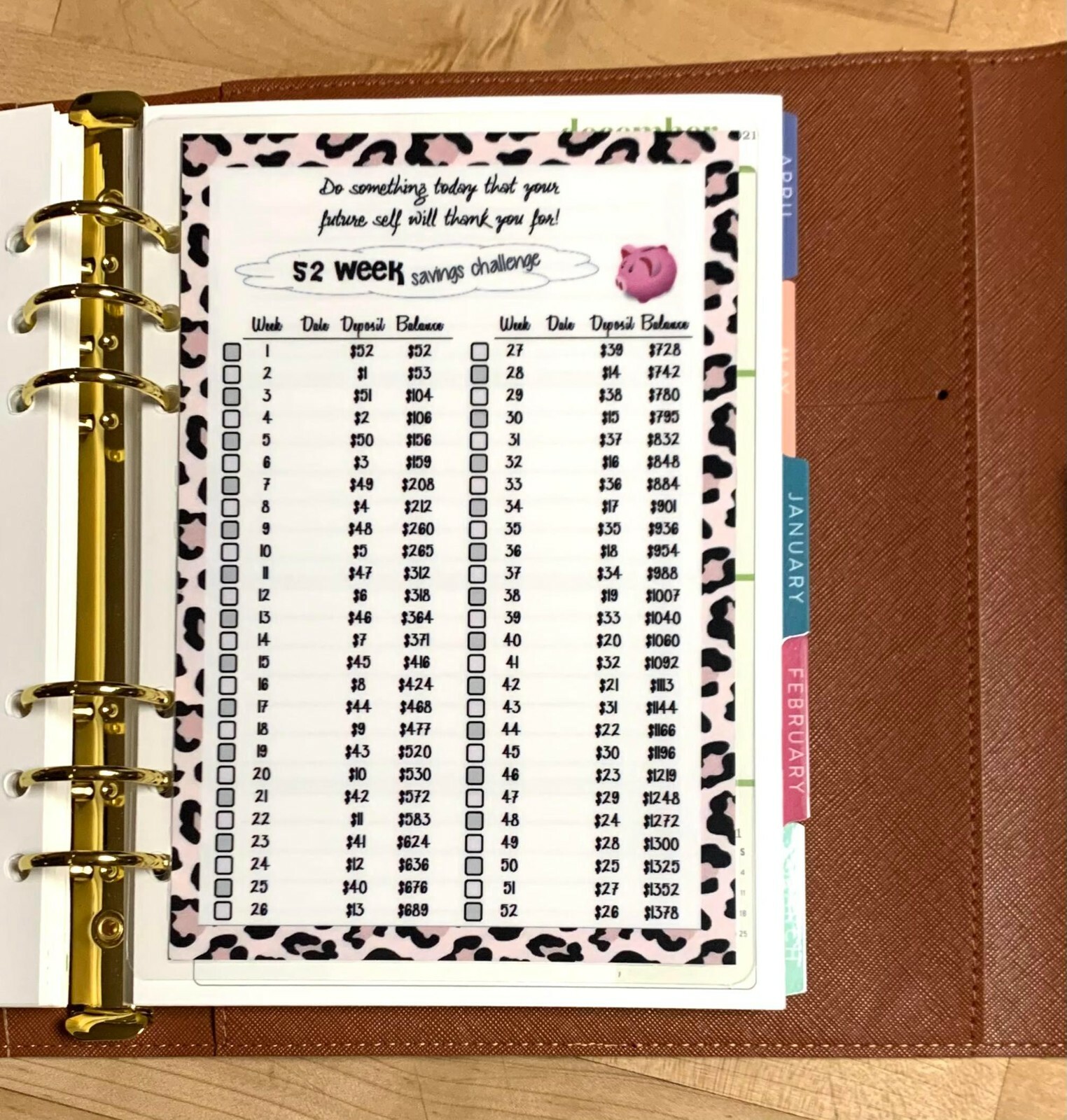 52 Week Savings Challenge Dashboard Insert 4 use with ErinCondren A5 Ring Agenda