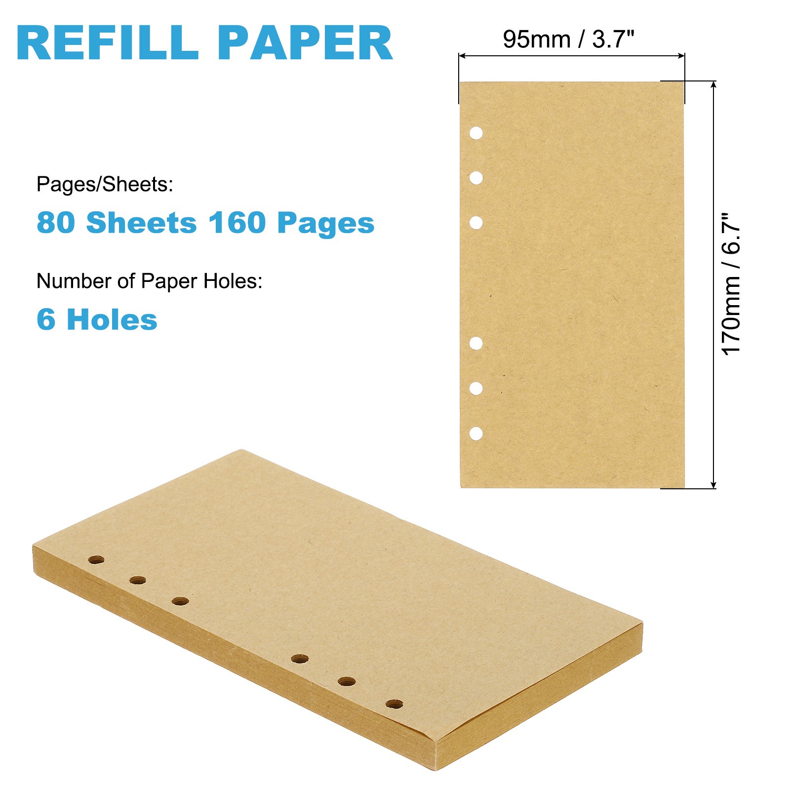 Refill Paper, Unlined Blank Kraft Paper 6 Rings, 80 Sheets/160 Page
