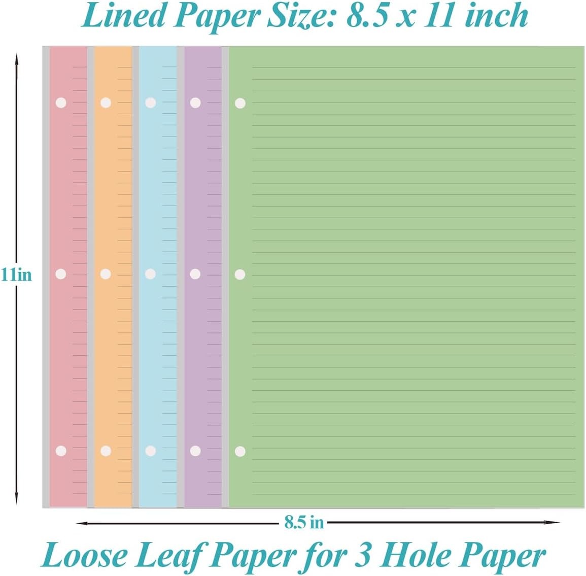 3 Hole Colorful Lined Paper – 100 Sheets/200 Pages Loose Leaf Paper Line Refi…