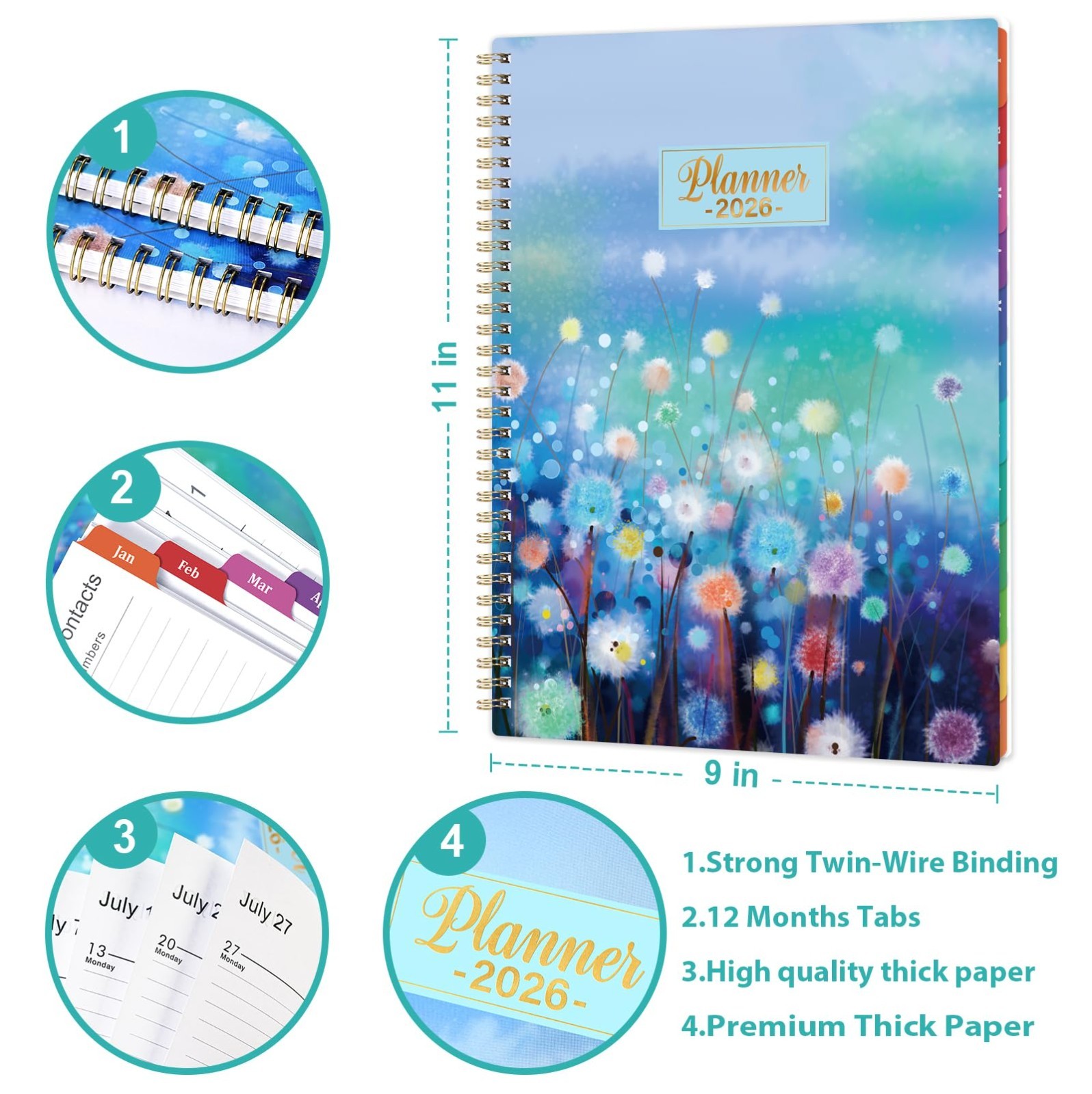 2026 Planner Calendar, Weekly Monthly Layout, Back Pocket, Blue