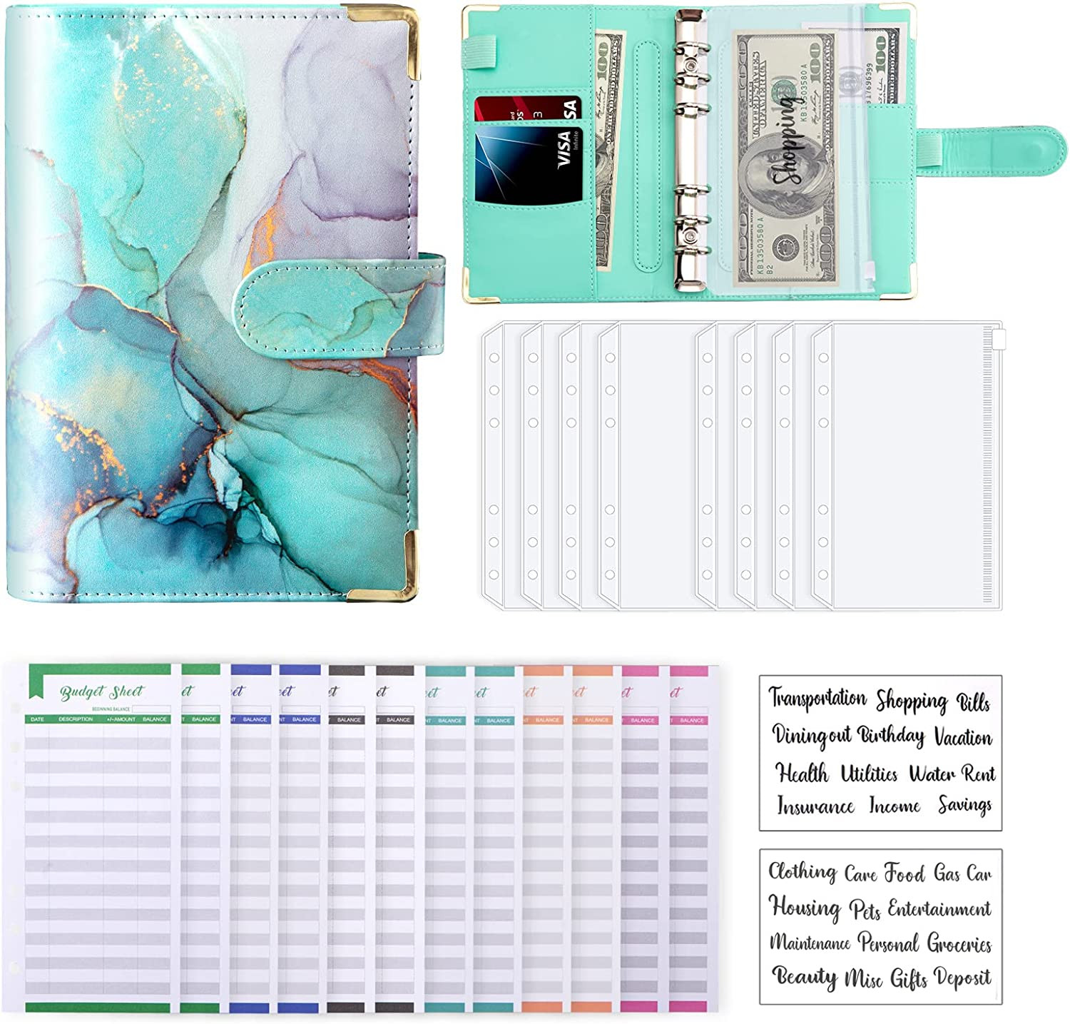 Budget Binder A6 Marble PU Leather Binder Money Organizer Cash Envelopes