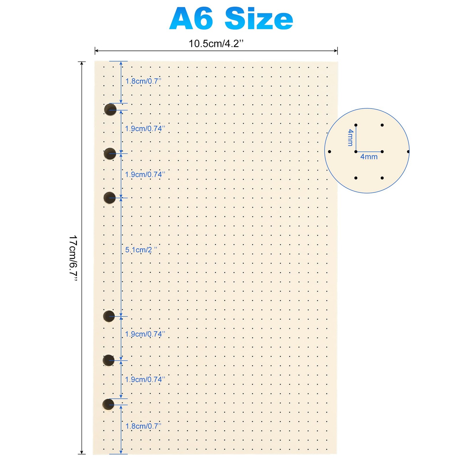 A6 Dot Grid Paper, 6 Hole Punched,A6 Dotted Refill Paper for Beige