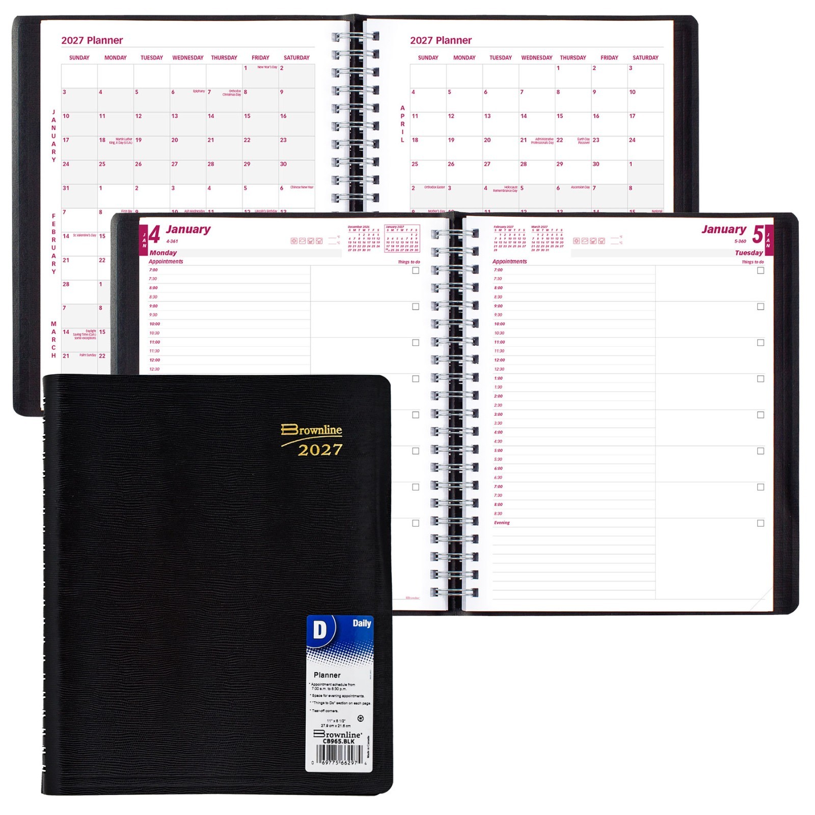 Brownline 2027 CB965.BLK Daily Planner Appointment Book, 8-1/2 x 11″