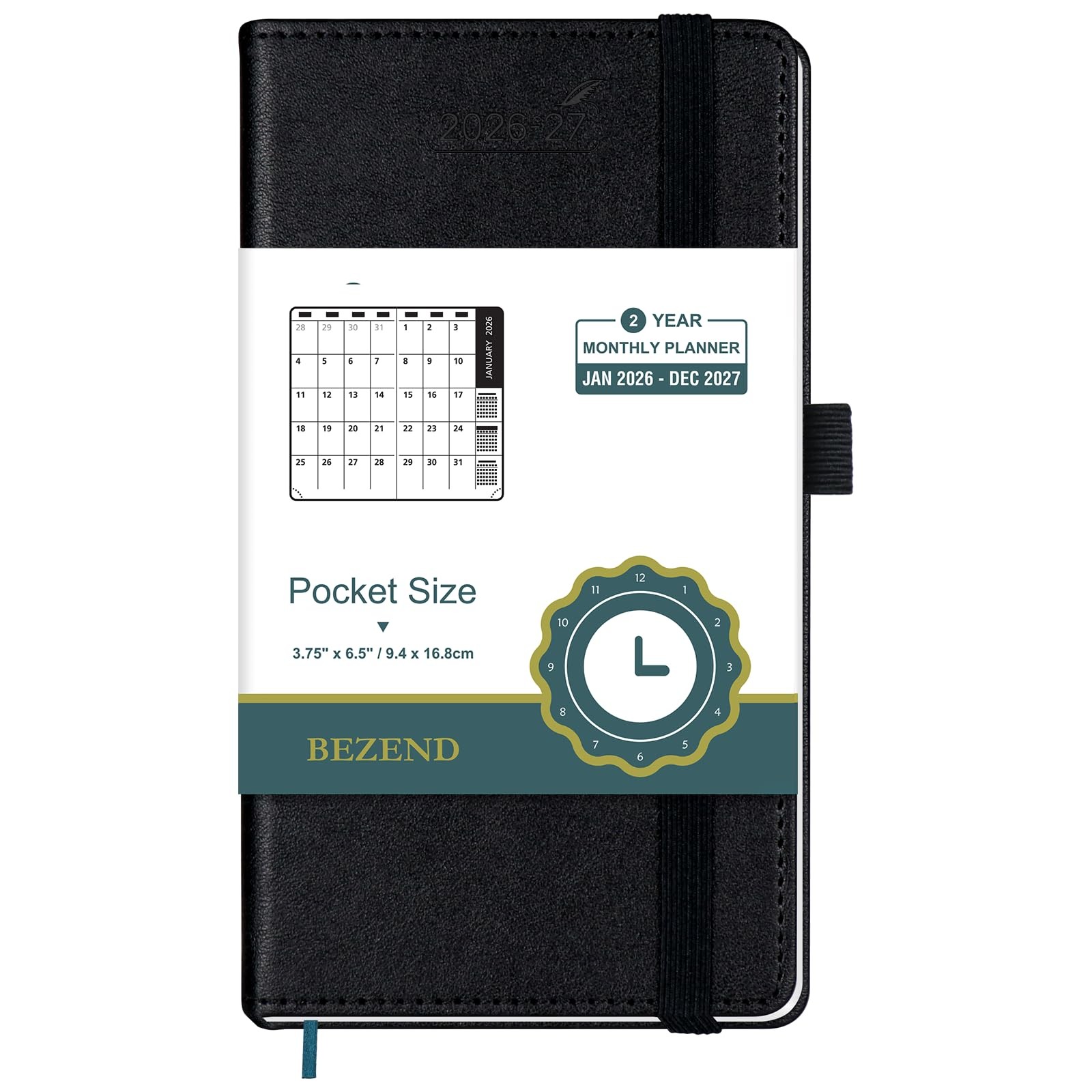 Pocket Monthly Planner 2026-2027 3.5×6.5 Vegan Leather Hardcover Purse Calendar