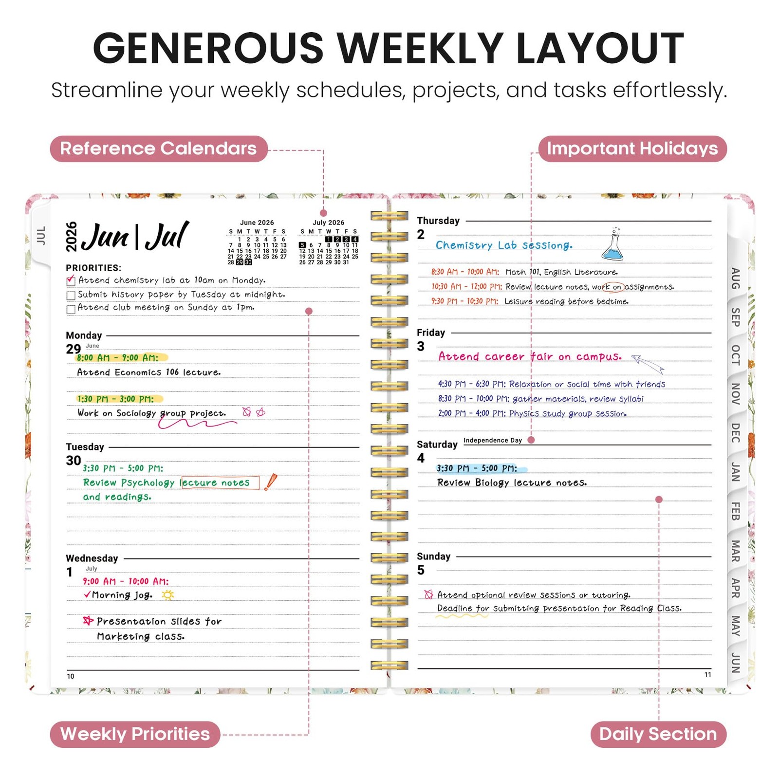 Planner 2026-2027, Academic Year Monthly and (6.3″x8.5″)a5, A-Wildflowers