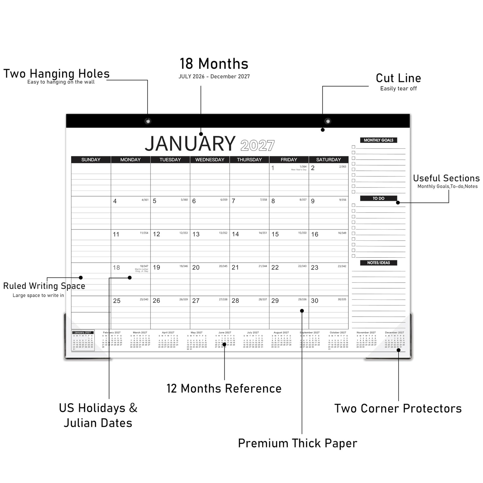 2026-2027 Desk Calendar – 2026-2027, July 2026 – black & White
