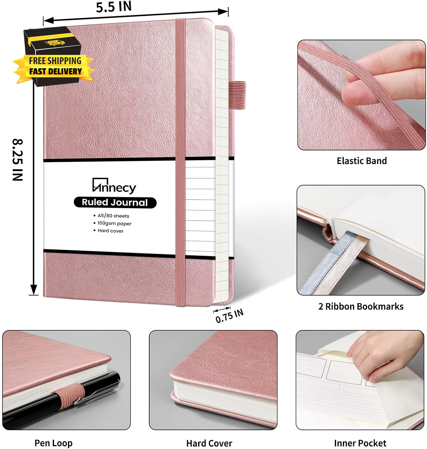 Lined Journal Notebook, Hardcover Leather Journal for Women & Men, 160 Numbered