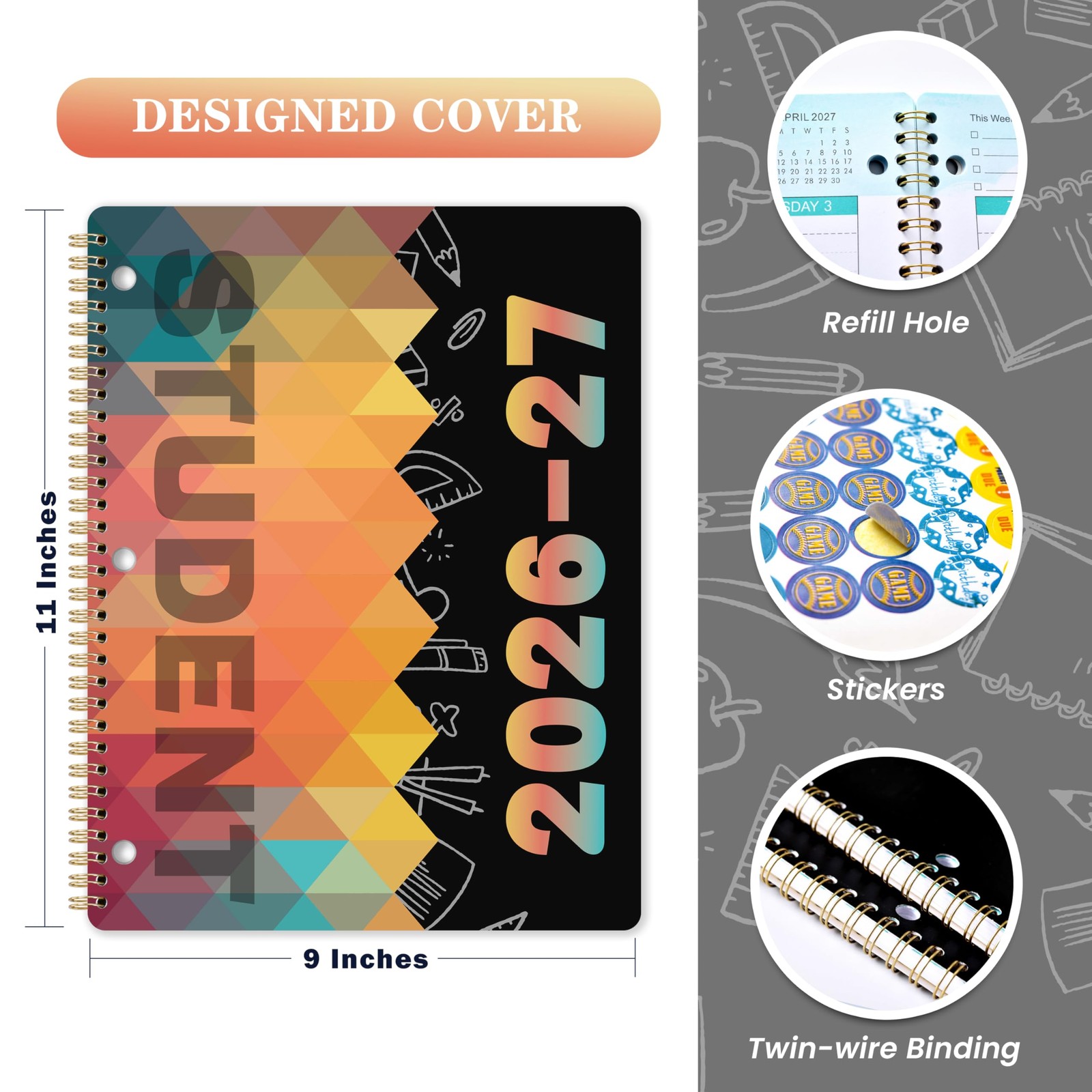 Student Planner 2026-2027 – from Jul 2026 – Jun 2027, 9’’ × 9” × 11”, black