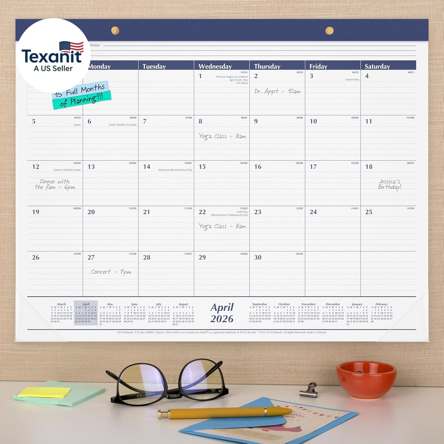 Desk Calendar 2026-2027 Planning Pad, Academic 15-Month April-June, Monthly, 21.